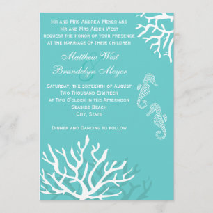 Aqua Blue Sea Coral Seahorse Wedding Invitations