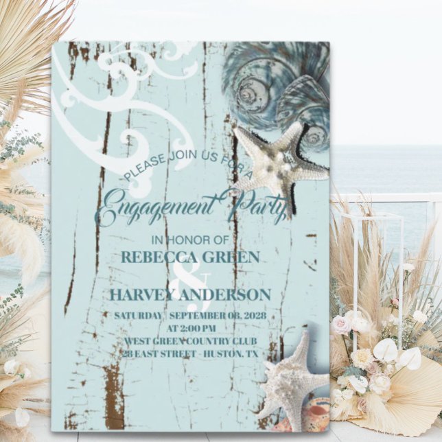 aqua blue seashell starfish beach Engagement party Invitation (aqua blue seashell starfish beach Engagement party Invitation)