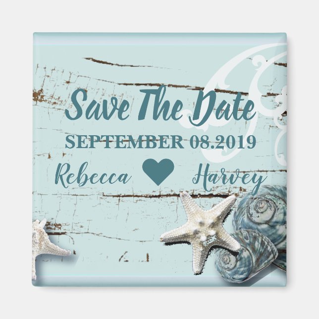 aqua blue seashell starfish wedding save the date magnet (Front)