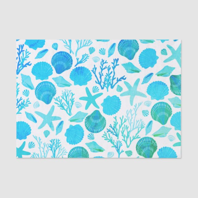 Aqua Blue Seashells and Coral Pattern Gift Tissue Paper (Front)