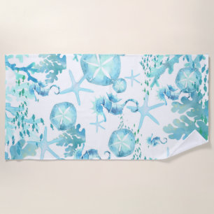 Aqua Blue Shells Seahorse Sanddollars Starfish Beach Towel