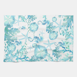 Aqua Blue Shells Seahorse Sanddollars Starfish Tea Towel