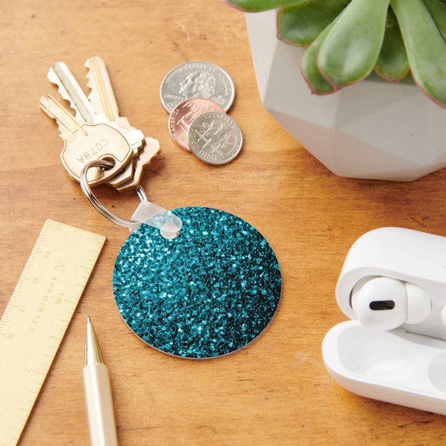 Aqua blue shiny faux glitter sparkles key ring (Desk)