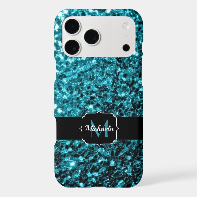 Aqua blue shiny faux glitter sparkles Monogram (Back)