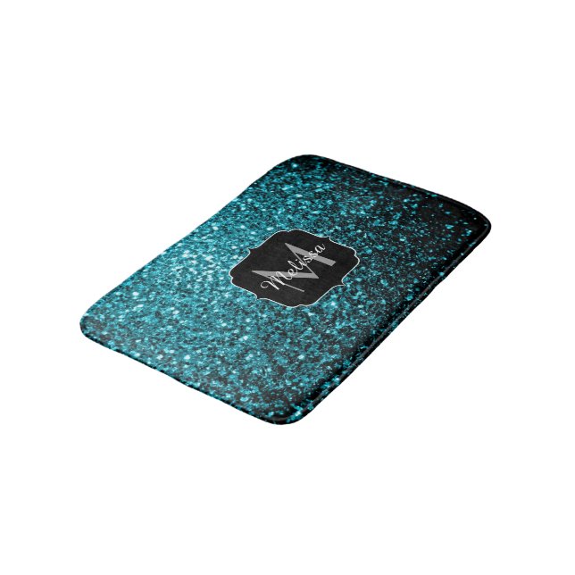 Aqua blue shiny faux glitter sparkles Monogram Bath Mat (Angled)