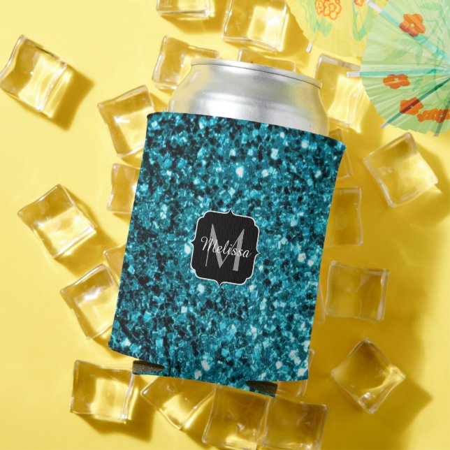 Aqua blue shiny faux glitter sparkles Monogram Can Cooler (In Situ Summer)