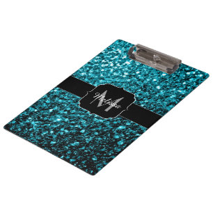 Aqua blue shiny faux glitter sparkles Monogram Clipboard