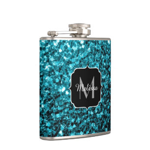 Aqua blue shiny faux glitter sparkles Monogram Hip Flask