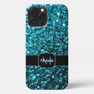 Aqua blue shiny faux glitter sparkles Monogram iPhone 13 Pro Max Case