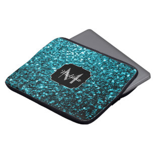 Aqua blue shiny faux glitter sparkles Monogram Laptop Sleeve
