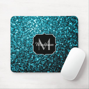 Aqua blue shiny faux glitter sparkles Monogram Mouse Pad