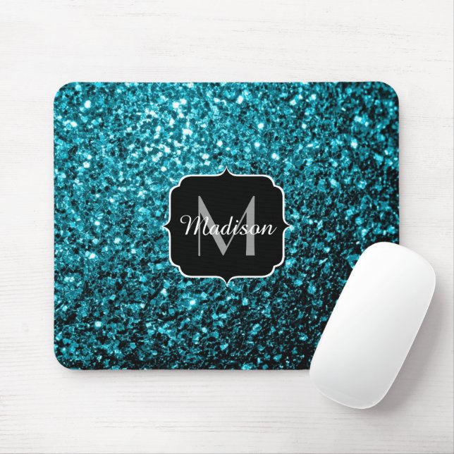 Aqua blue shiny faux glitter sparkles Monogram Mouse Pad (With Mouse)