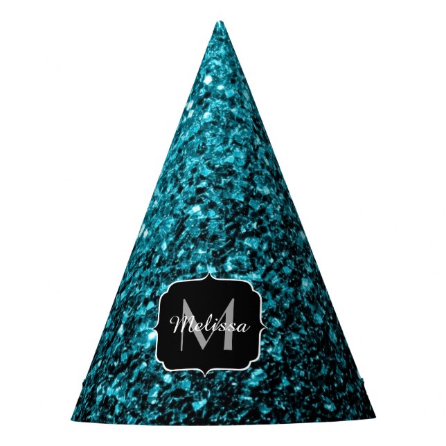 Aqua blue shiny faux glitter sparkles Monogram Party Hat (Front)