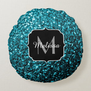 Aqua blue shiny faux glitter sparkles Monogram Round Cushion
