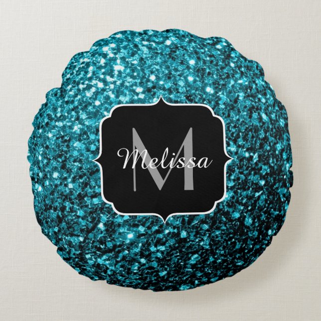 Aqua blue shiny faux glitter sparkles Monogram Round Cushion (Front)