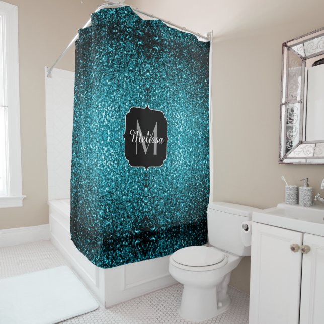 Aqua blue shiny faux glitter sparkles Monogram Shower Curtain (In Situ)
