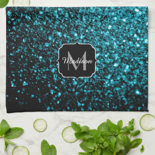 Aqua blue shiny faux glitter sparkles Monogram Tea Towel