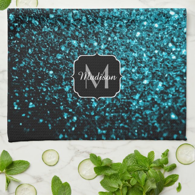 Aqua blue shiny faux glitter sparkles Monogram Tea Towel (Folded)