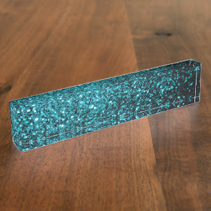 Aqua blue shiny faux glitter sparkles nameplate