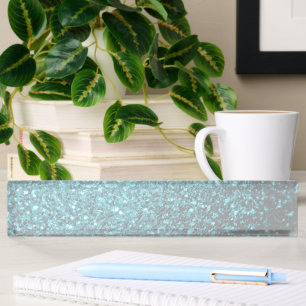 Aqua blue shiny faux glitter sparkles nameplate