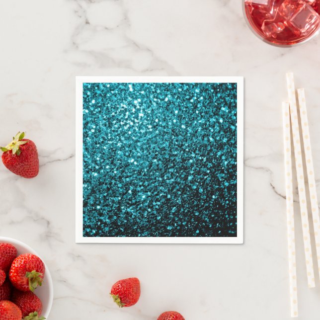 Aqua blue shiny faux glitter sparkles napkin (Insitu)