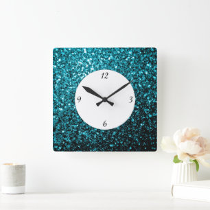 Aqua blue shiny faux glitter sparkles square wall clock