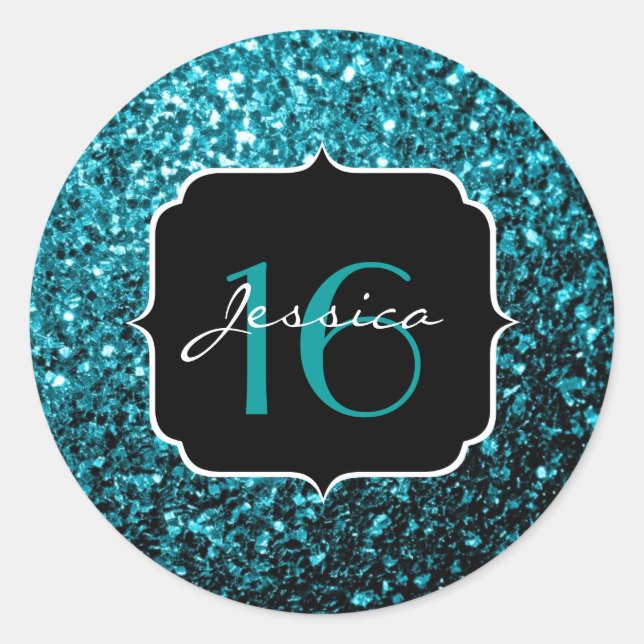 Aqua blue shiny faux glitter sparkles Sweet 16 Classic Round Sticker (Front)