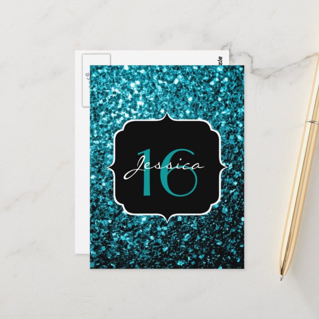 Aqua blue shiny faux glitter sparkles Sweet 16 Postcard (Front/Back In Situ)