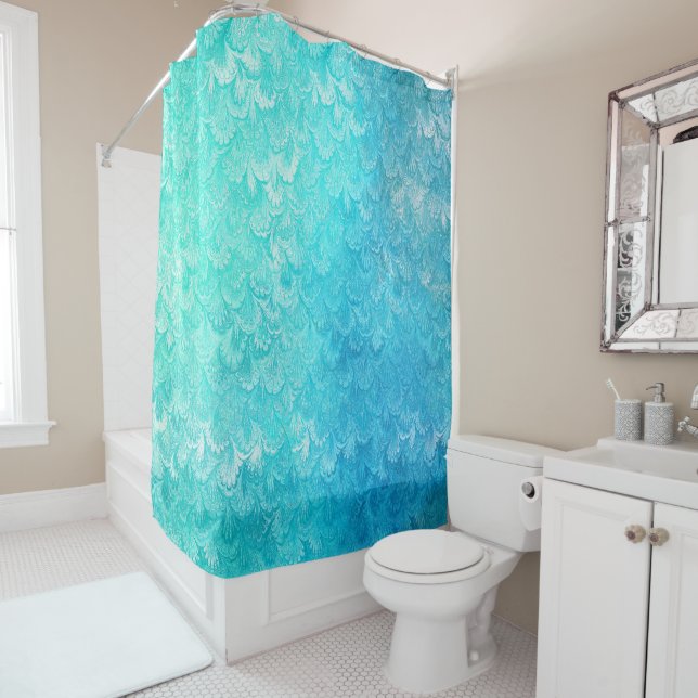 Aqua Blue Shiny Sea Shell Mermaid Fish Scales Shower Curtain (In Situ)