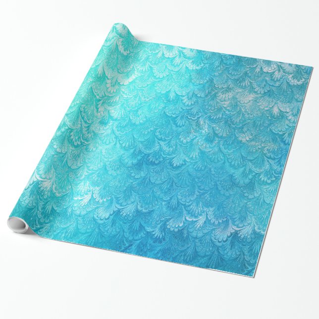 Aqua Blue Shiny Sea Shell Mermaid Fish Scales Wrapping Paper (Unrolled)