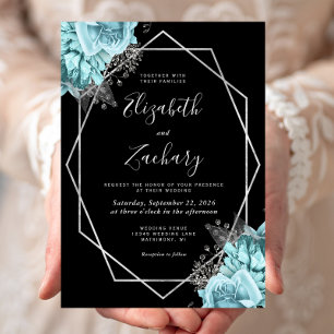 Aqua Blue Silver Floral Black Wedding Invitation