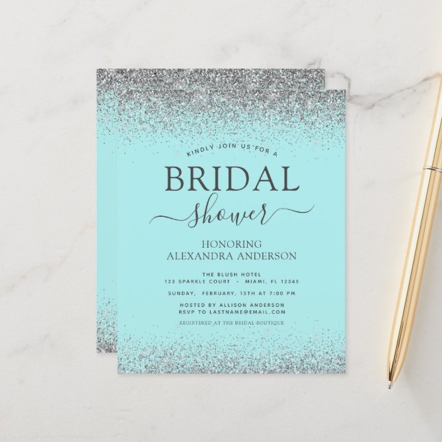 Aqua Blue Silver Glitter Bridal Shower Invitation (Front/Back In Situ)