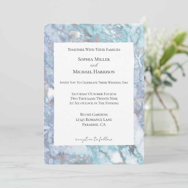 Aqua Blue Silver Marble Wedding Invitation (Standing Front)