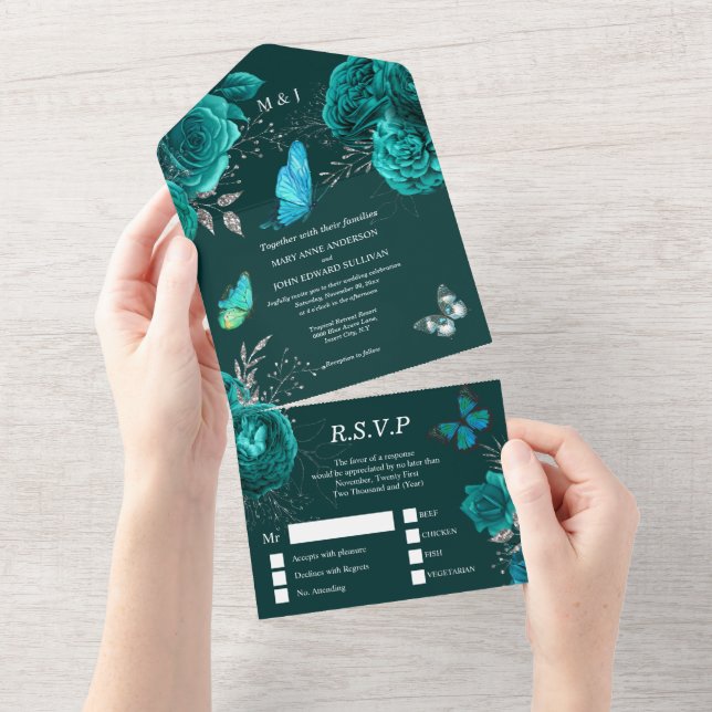  Aqua blue silver rose elegant butterfly glam  All In One Invitation (Tearaway)