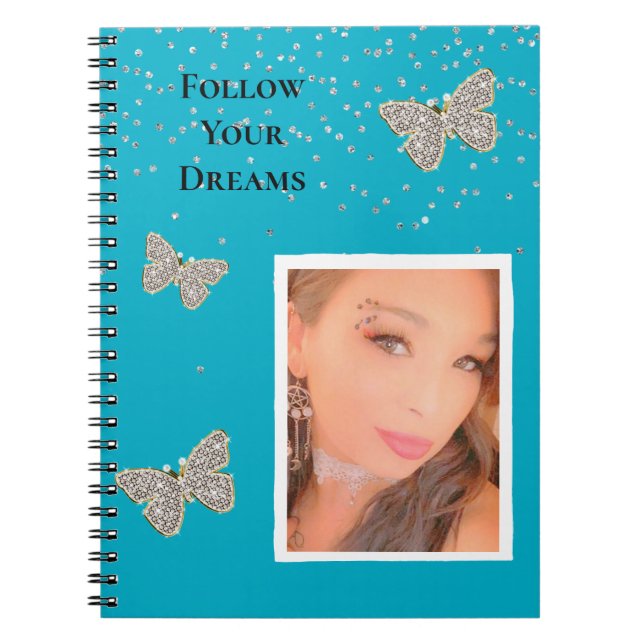 Aqua Blue Silver Sparkle Butterflies Your Photo  Notebook (Front)