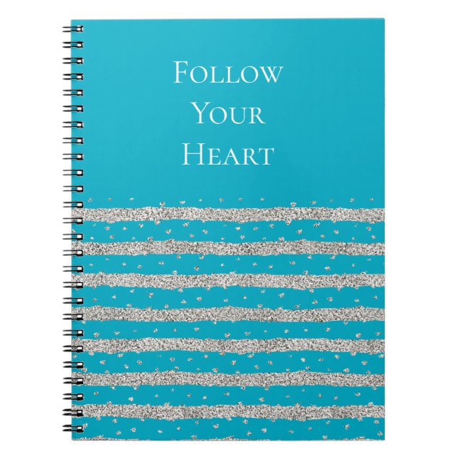 Aqua Blue Silver Sparkly Confetti Stripes Notebook (Front)