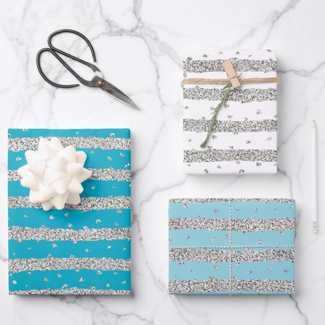 Aqua Blue Silver Sparkly Confetti Stripes Wrapping Paper Sheet (Front)