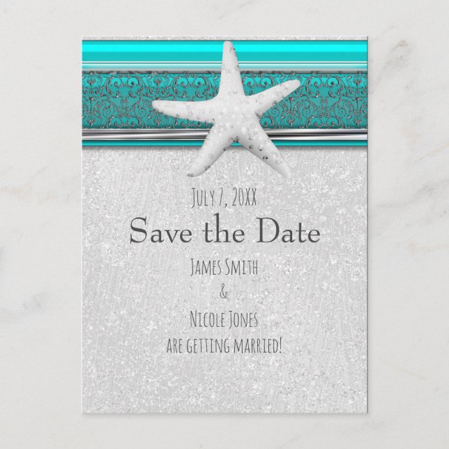 Aqua Blue & Silver Starfish Beach Save the Date Announcement Postcard (Front)