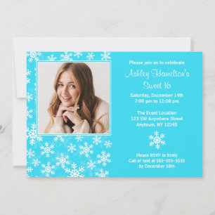 Aqua Blue Snowflakes Photo Sweet 16 Invitations