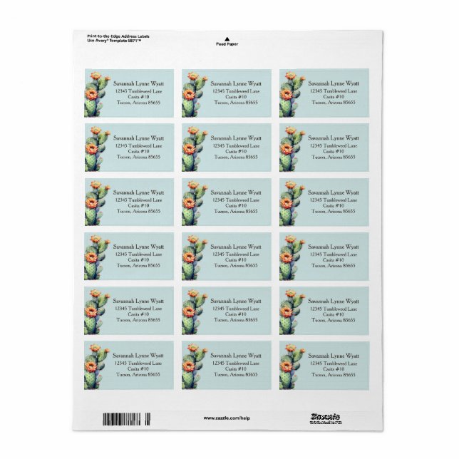 Aqua Blue Southwest Floral Cactus Desert Theme Label (Full Sheet)