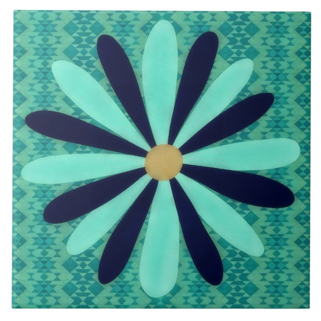 Aqua Blue Southwestern Style Flower Art Decorative Ceramic Tile (Front)