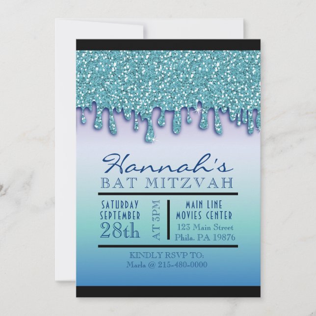 Aqua Blue Sparkle Drippy Drip Bat Mitzvah Invite (Front)