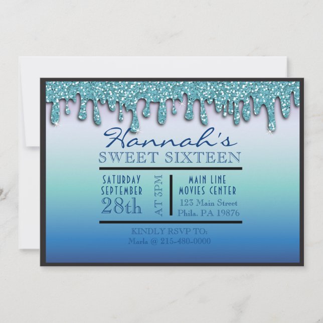 Aqua Blue Sparkle Drippy Drip Sweet Sixteen Party Invitation (Front)