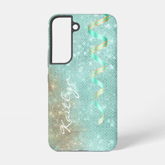 Aqua Blue Sparkle Ribbon Glam Samsung Galaxy S22 Case (Back)