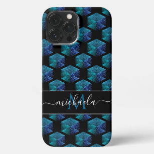 Aqua blue sparkles diamond geometric Monogram iPhone 13 Pro Max Case
