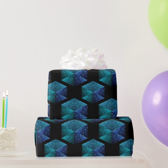 Aqua blue sparkles diamond geometric pattern black wrapping paper (Party Gifts)