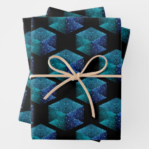 Aqua blue sparkles diamond geometric pattern black wrapping paper sheet