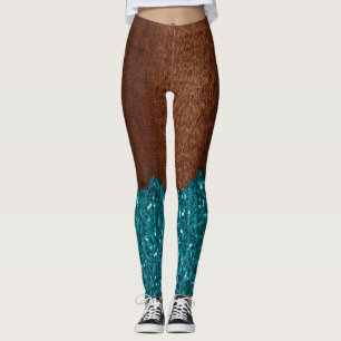 Aqua blue sparkles glitter rustic brown wood leggings