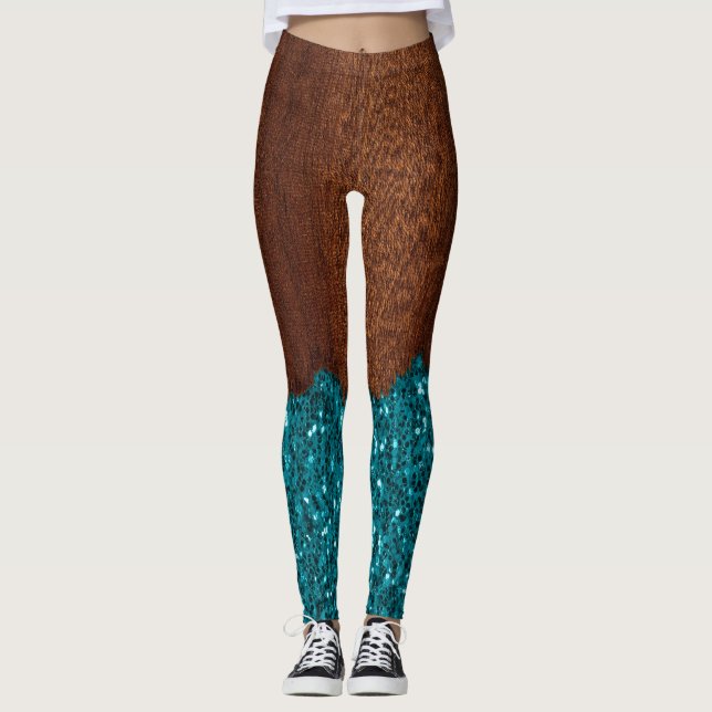 Aqua blue sparkles glitter rustic brown wood leggings (Front)