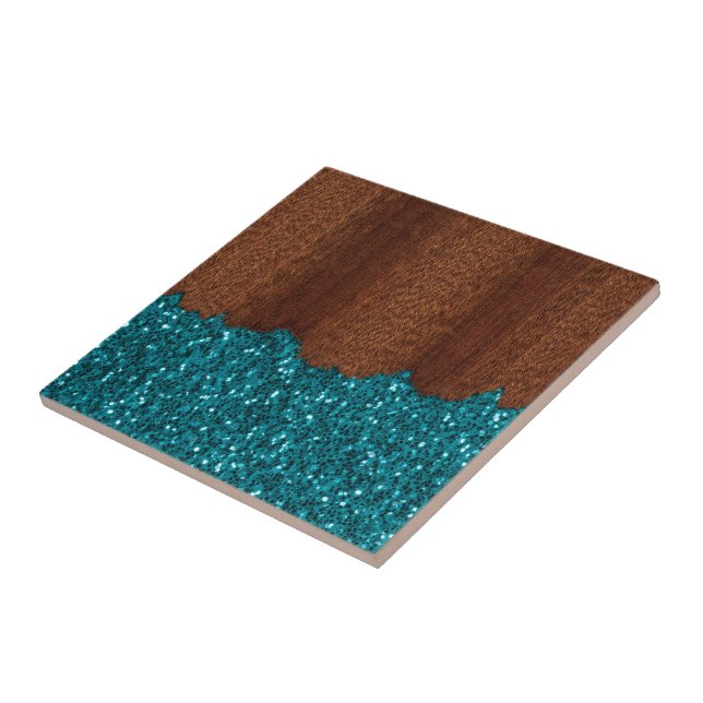 Aqua blue sparkles glitter rustic brown wood tile (Side)